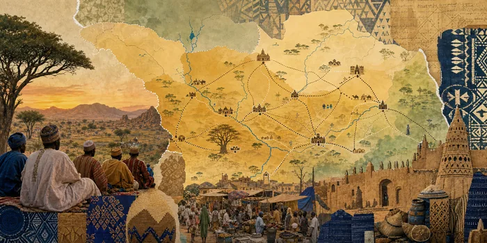 Stylised map of northern Nigeria and southern Niger with Daura, Kano, Katsina, Zaria, Gobir, Rano, Biram, Sokoto and trade routes marked.
