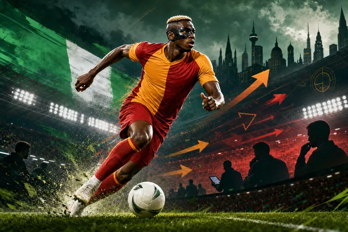 Editorial illustration of Nigerian striker Victor Osimhen in a red-and-yellow football scene with transfer-themed visual elements.