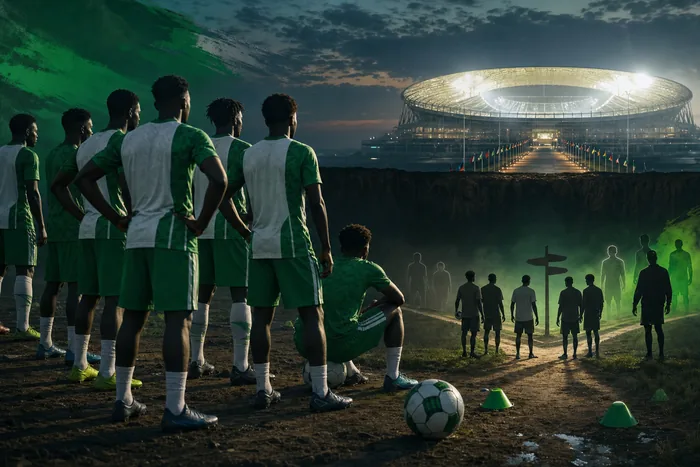 Illustration-style image of Nigerian footballers looking toward a brightly lit global tournament stadium in the distance.