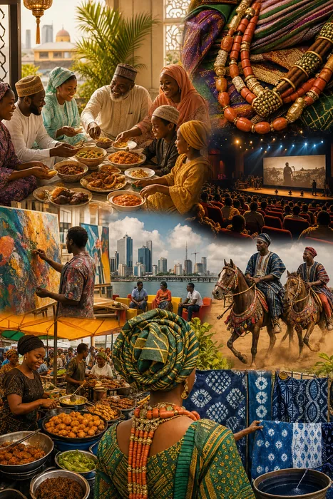 A warm collage-style scene showing Nigerian festival life in May, with respectful Eid family gathering, Lagos arts venue, colourful Ijebu textile details, food stalls and fabric displays.