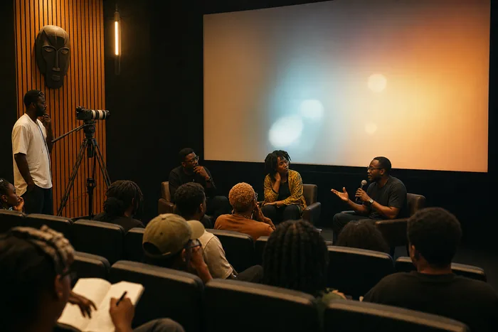 A Lagos film festival scene with cinema seats, a screen, and filmmakers in conversation before a screening.