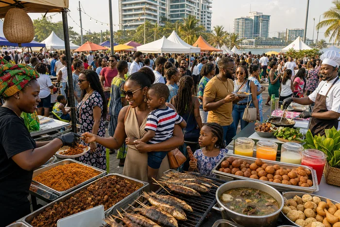 A busy Lagos food festival with Nigerian dishes, vendor stalls, chef demonstrations and families moving through an open-air venue.