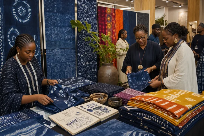 Detailed adire fabrics in indigo and bright contemporary colours, with Nigerian designers and artisans arranging textiles at an exhibition booth.