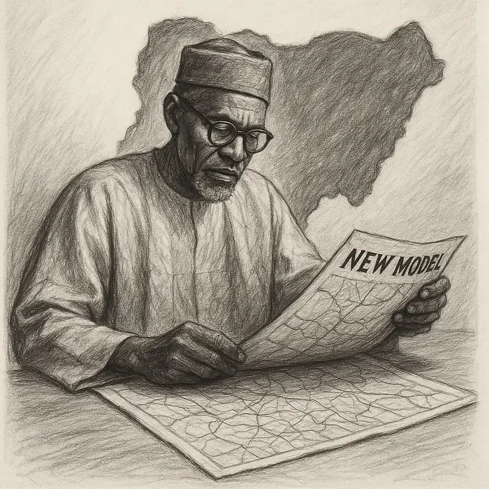 in charcoal sketch style a nigerian leader studies maps labeled new model with the silhouette of nig