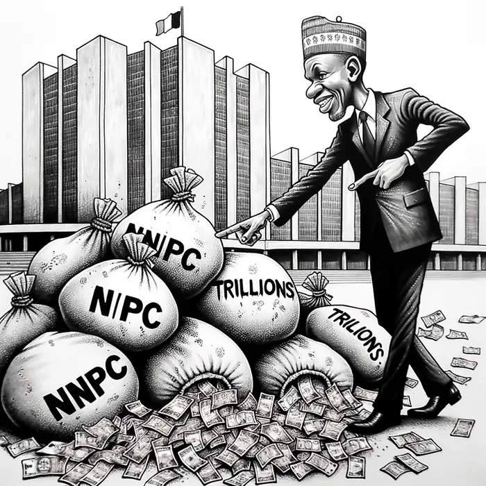peter obi points at overflowing sacks labeled nnpc and trillions battered naira notes spill against