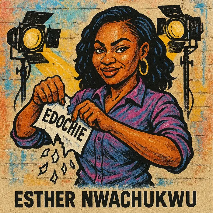 street art style caricature esther nwachukwu confidently shredding a paper labeled edochie nollywood