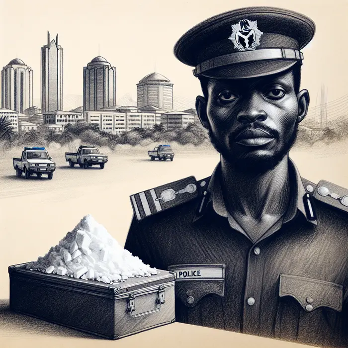 in charcoal sketch style a nigerian police officer stands guard over a seized suitcase of cocaine ab