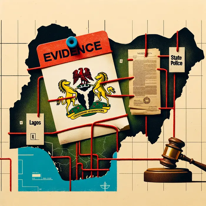 evidenceboard collage style sticky note labeled state police linked by red string to nigerias consti