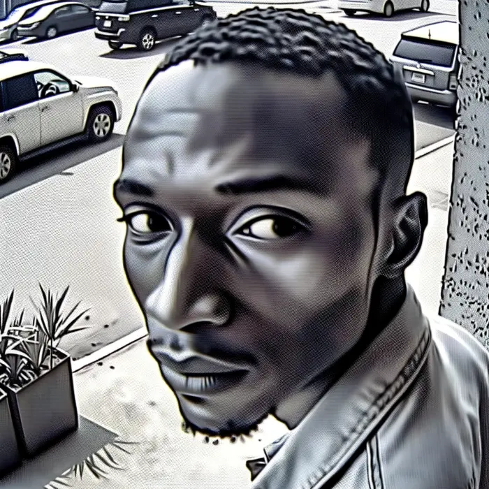 reno omokri looking over his shoulder outside an office in nigeria time overlay ticking security cam