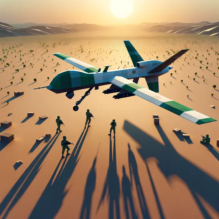 lowpoly 3d render style a sleek drone with nigerian military camo soars over arid northern landscape