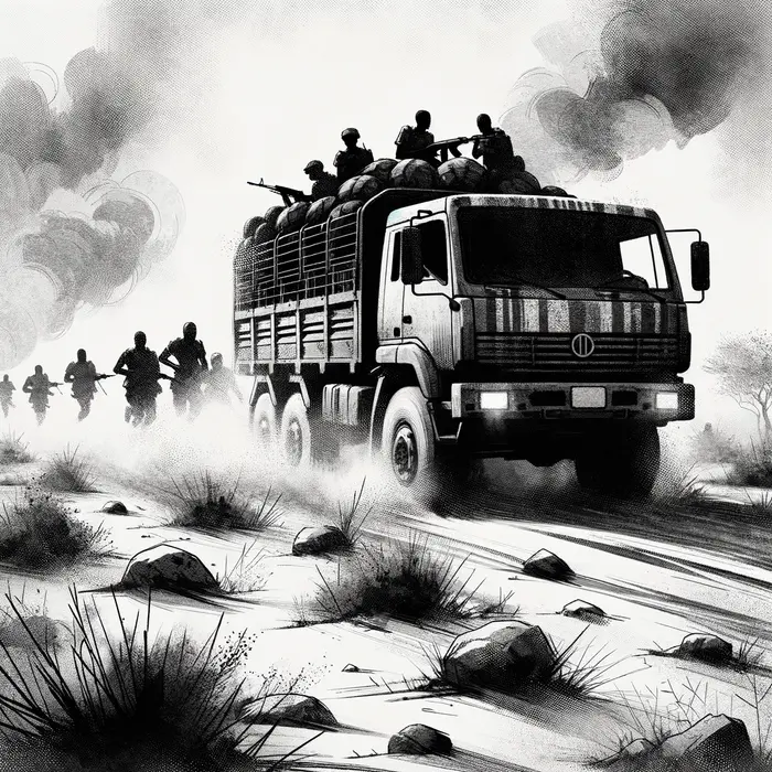 in monochrome inkwash style a dramatic nigerian army truck speeds through bornos sparse landscape re
