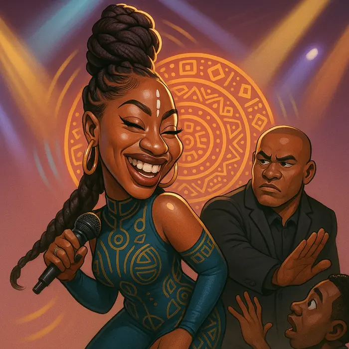 afrofuturism caricature tems midperformance grinning as her bodyguard gently blocks an eager fan sta