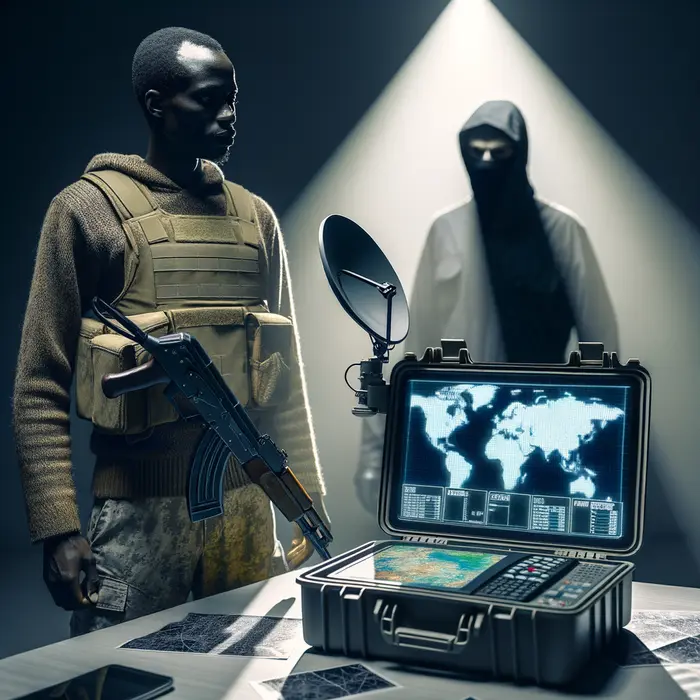 in grainy cctv snapshot style a nigerian soldier stands by confiscated starlink device and digital m