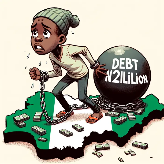 a worried nigerian youth drags a ballandchain labeled debt n200 trillion across a cracked map of nig