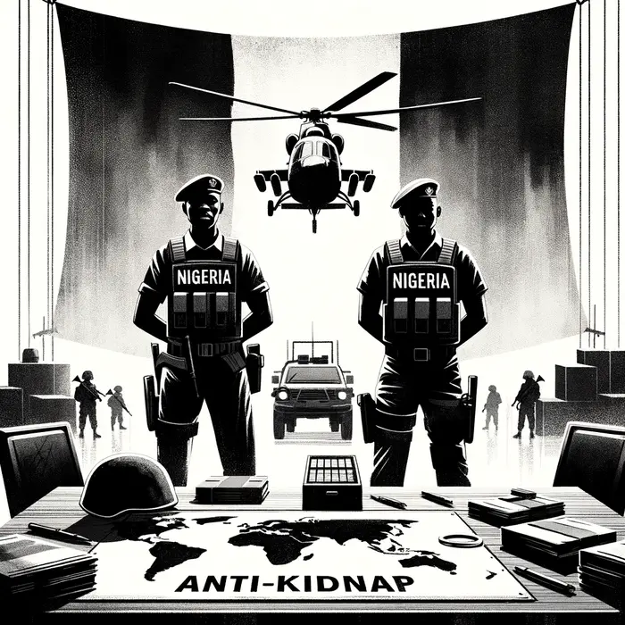 monochrome inkwash style determined nigerian officers in berets flank a briefing table with a map ma