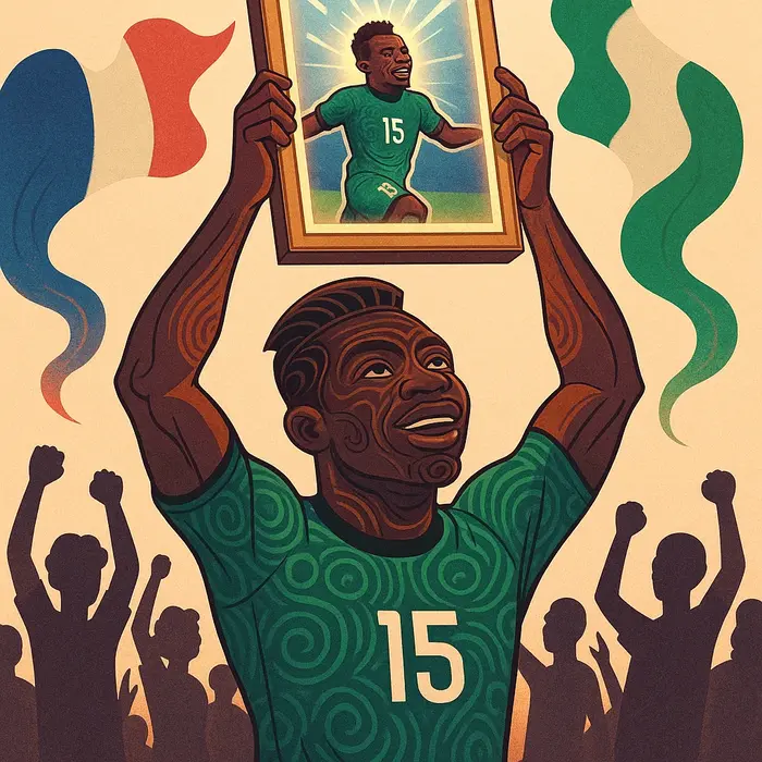 afrofuturism style caricature moses simon holding a glowing framed photo aloft fans as silhouettes c