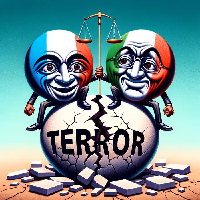 in political cartoon style caricatured apc and pdp party symbols teeter unsteadily atop a cracked ga