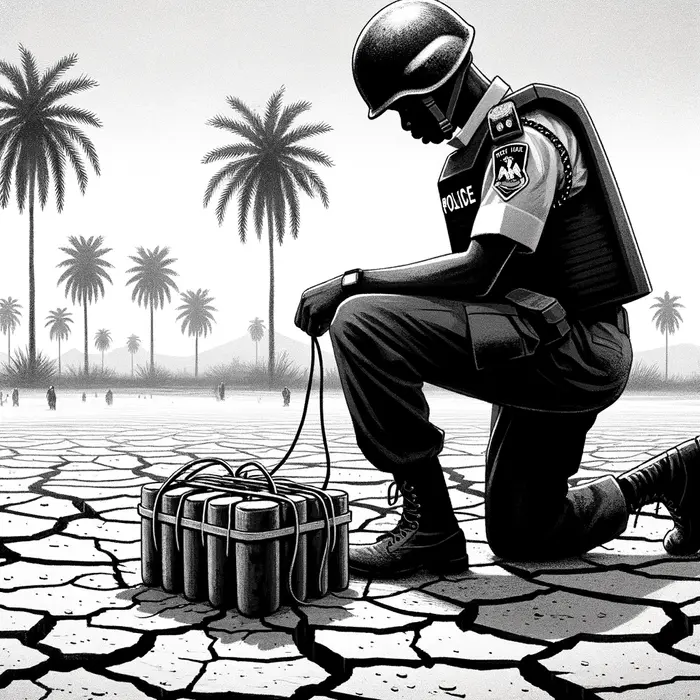 in monochrome inkwash style a nigerian police officer kneels over a defused ied on cracked farmland