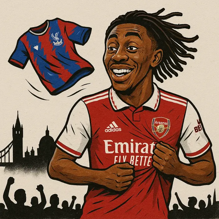 street art caricature eberechi eze in arsenal kit gripping his iconic shirt crystal palace jersey fl