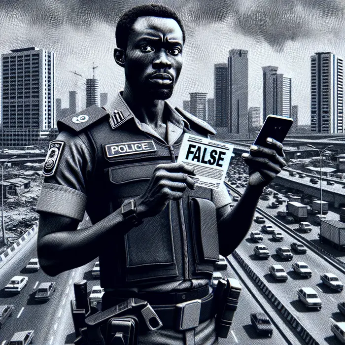in grainy cctv snapshot style a nigerian police officer holds up a social media rumor flyer marked f