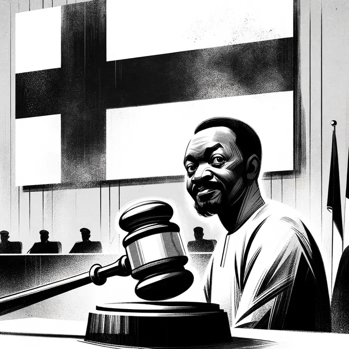 in monochrome inkwash style a judges gavel descends over simon ekpas caricatured figure before a fai