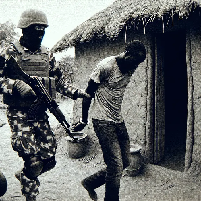 in grainy cctv snapshot style a masked nigerian soldier leads a handcuffed suspect from a northern v