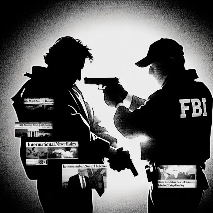 grainy cctv snapshot stylefbi agent silhouette inspecting a pistol under stark light hamas symbol fa