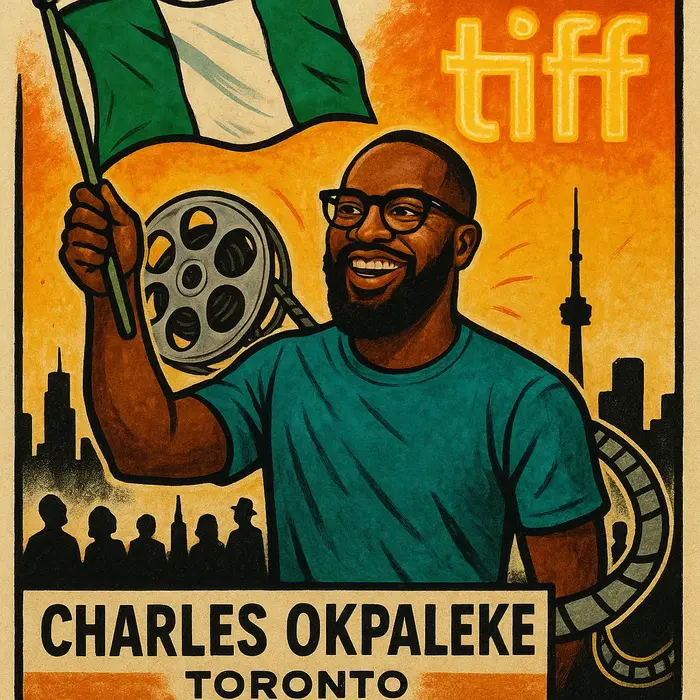 street art style caricature charles okpaleke waving a nigerian flag at toronto with a film reel unsp