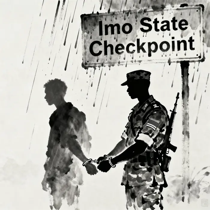 nigerian army soldier handcuffing a shadowy figure under a rainsoaked imo state checkpoint signclean