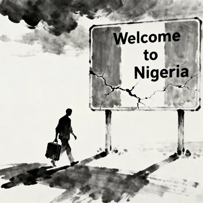 monochrome inkwash style a lone silhouette with suitcase slips through shadows past cracked welcome