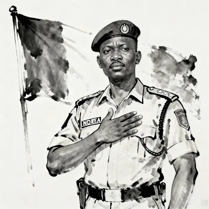 a resolute nigerian ndlea officer stands with palm over heart before a fluttering nigerian flag bold