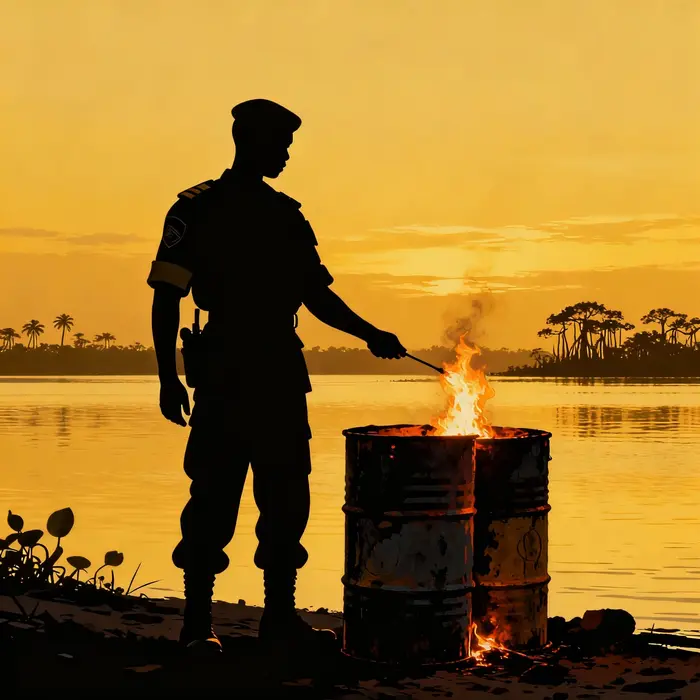 minimalist silhouette poster style shows a nigerian naval officer in silhouette torching makeshift o