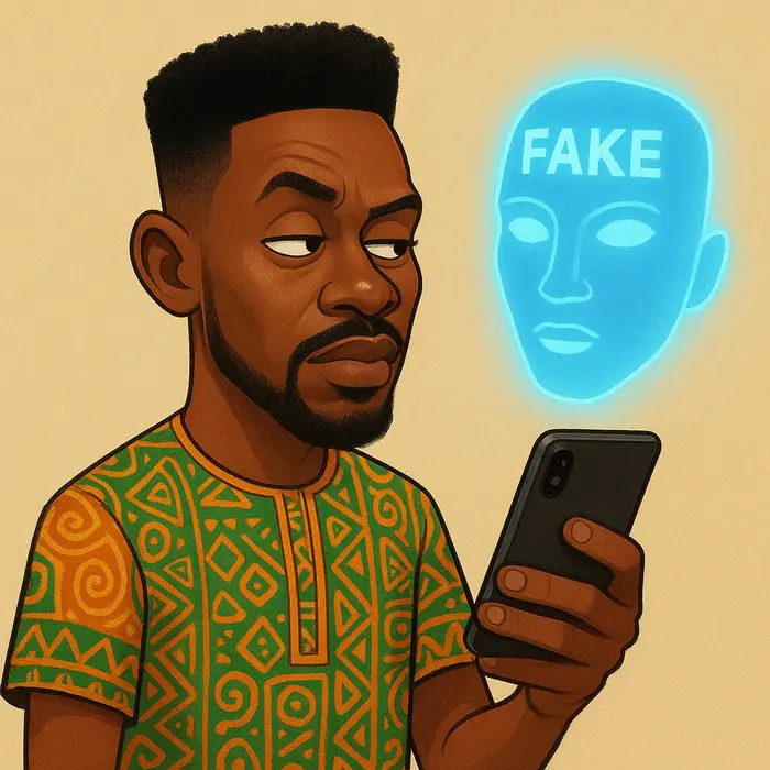 ay makun holding a smartphone sideeyeing floating hologram masks labeled fake nigerian patterns on h