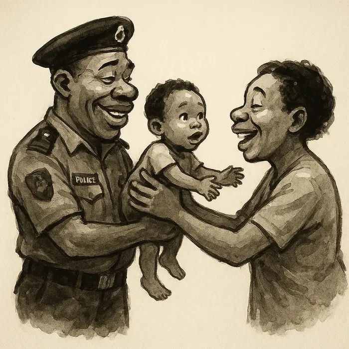a nigerian police officer handing over a found child to a relieved parent loose brushwork pooled bla