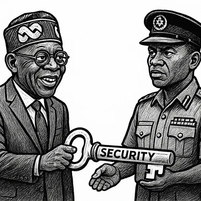 president tinubu handing a large ceremonial key labeled security to a new service chief in uniform f
