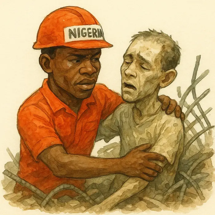 in watercolor sketch caricature a nigerian rescue worker supports a dustcovered survivor amid twiste