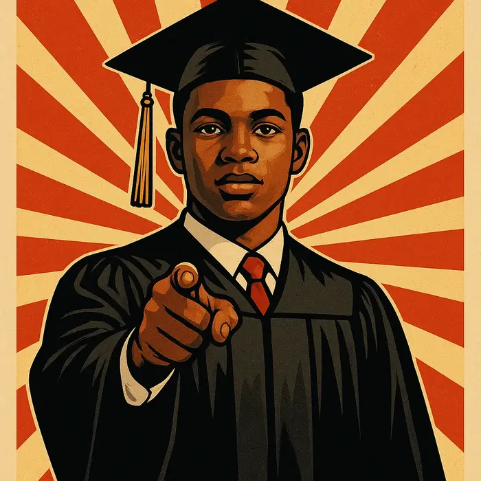 propaganda poster style a young nigerian in graduate attire stands confidently pointing forward amid