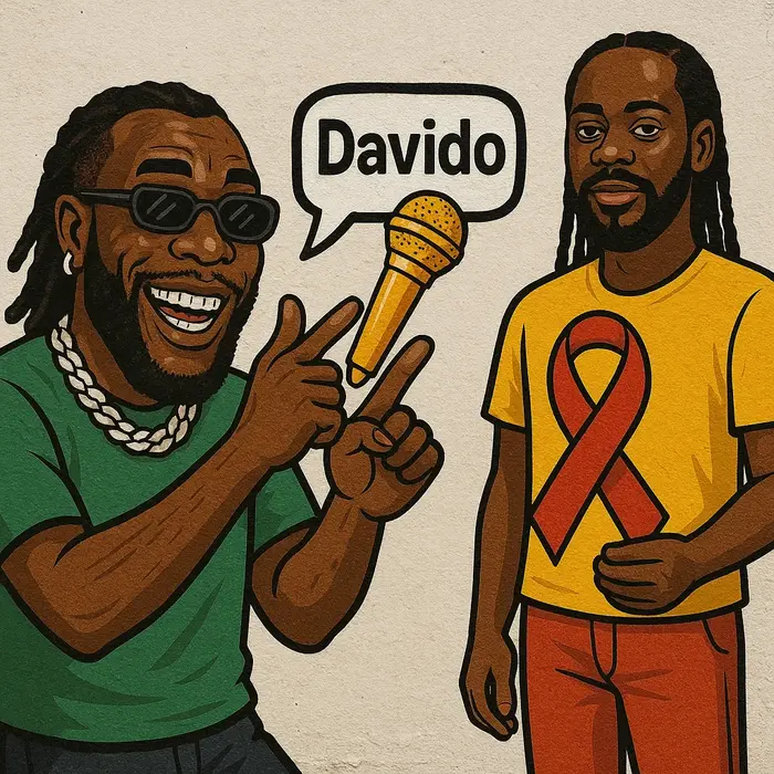 street art caricature burna boy grinning gesturing playfully at a digital chat bubble labeled davido