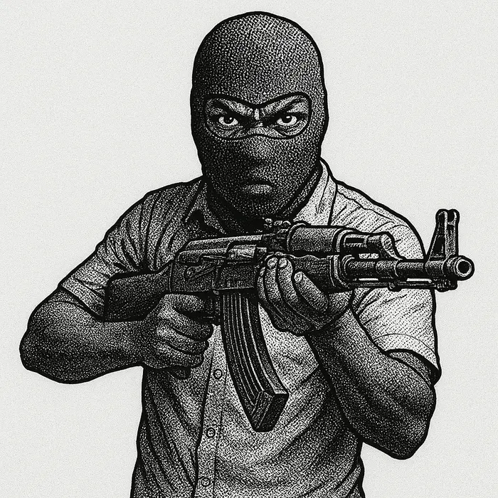 masked man from nigeria holding ak47 toward camera with menacing stance and viral video glare clean