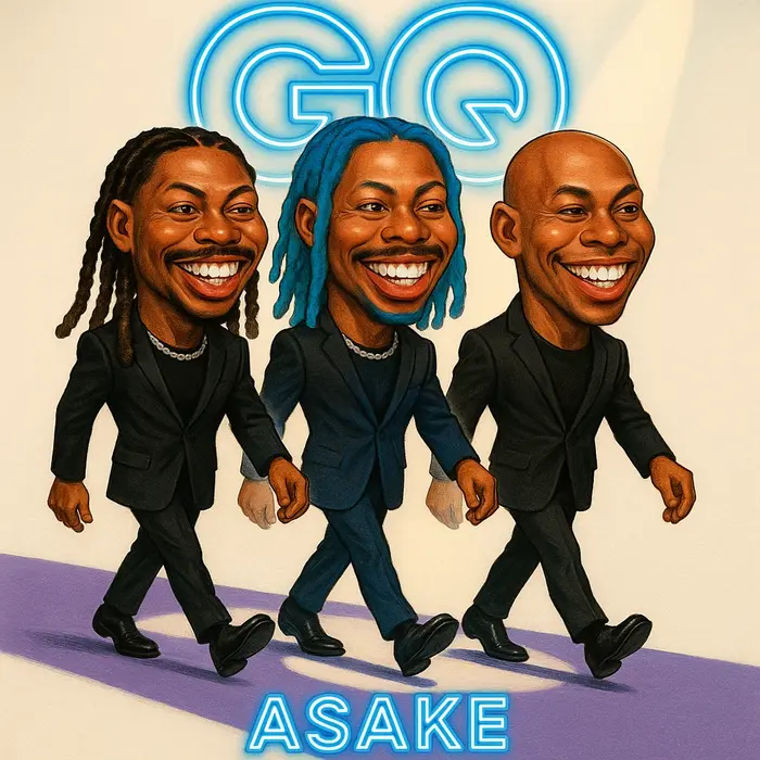 asake switching between braids bold blue and bald on a catwalk gq magazine motif in neon spotlight s