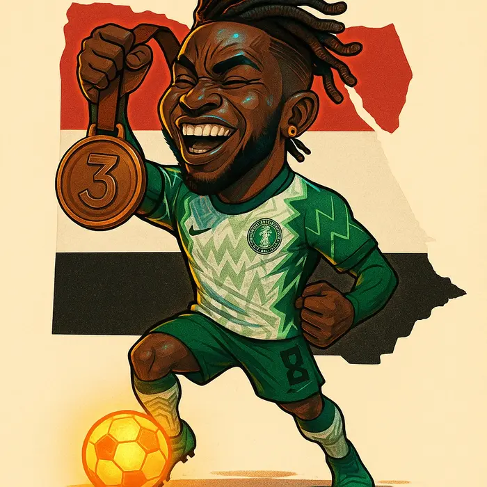 afrofuturism style caricature ademola lookman in super eagles kit celebrating with a giant bronze me