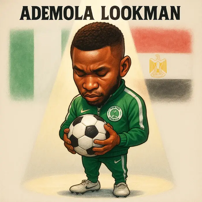album cover style caricature ademola lookman in super eagles tracksuit head bowed holding a football
