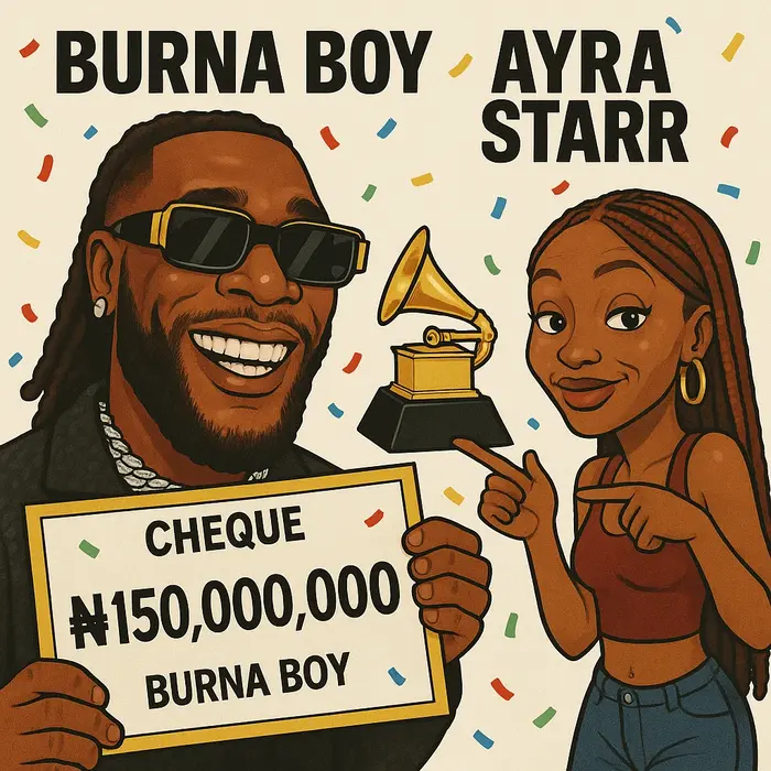 album cover style caricature burna boy in designer sunglasses flashing a giant cheque labeled n150 m