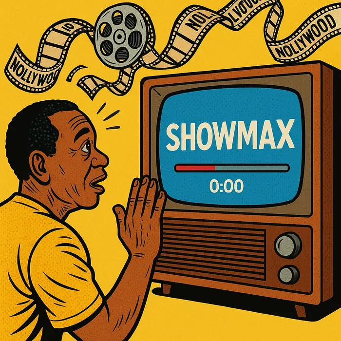 popart caricature nostalgic nigerian viewer waving goodbye to a giant old tv labeled showmax flutter