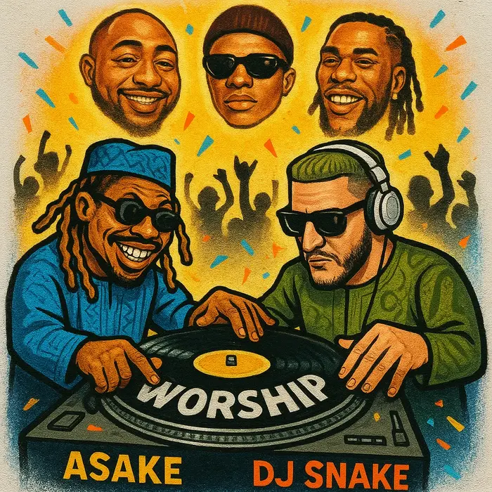 asake and dj snake in nigerian attire spinning a giant vinyl labeled worship while confetti falls an