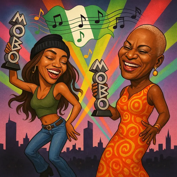 album cover style caricature ayra starr dancing next to angélique kidjo both holding mobo trophies c