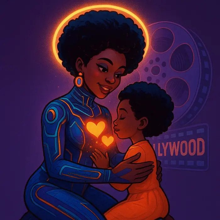 afrofuturism style caricature ruby ojiakor kneeling embracing her daughter glowing hearts between th