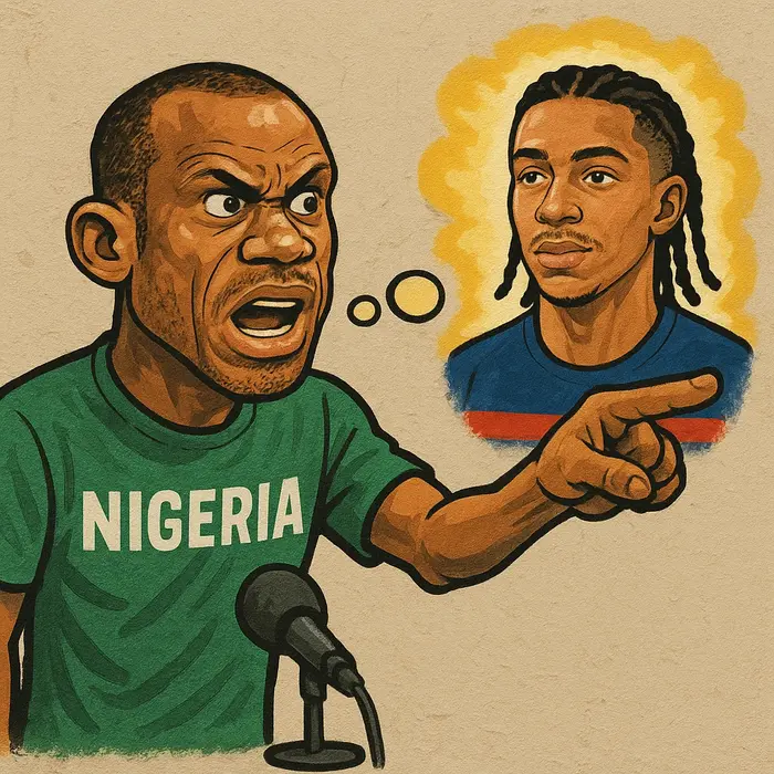 sunday oliseh from nigeria at a press microphone firmly pointing away from a glowing thoughtbubble p