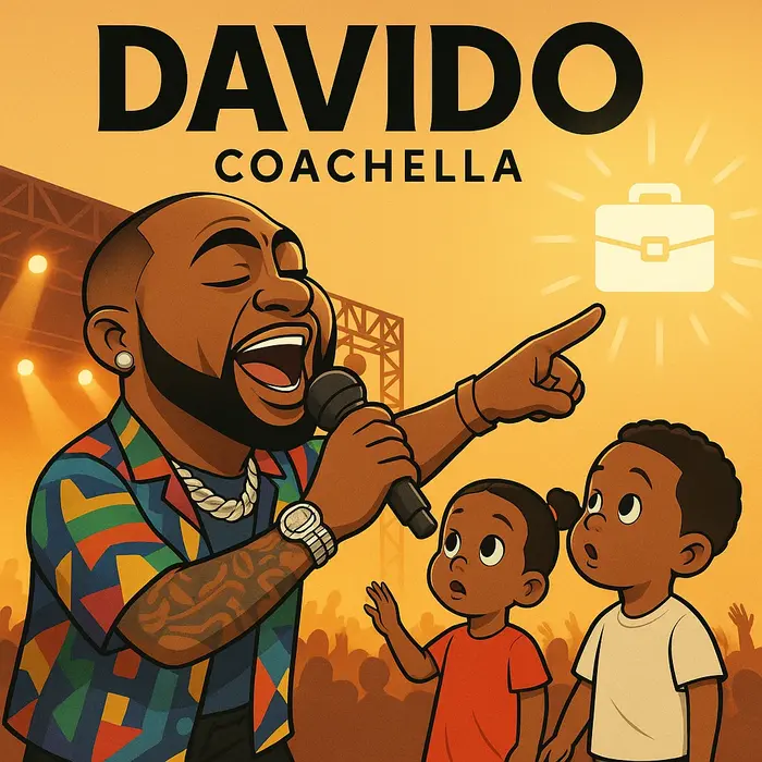 davido from nigeria commanding a coachella stage while pointing his children toward a glowing busine