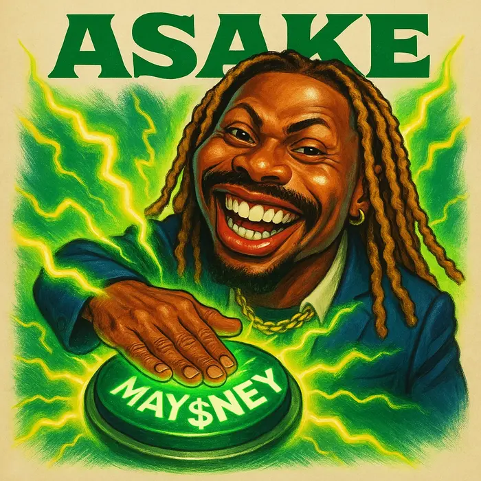 asake from nigeria slamming a glowing may 1 countdown button marked mney electric green and gold pul